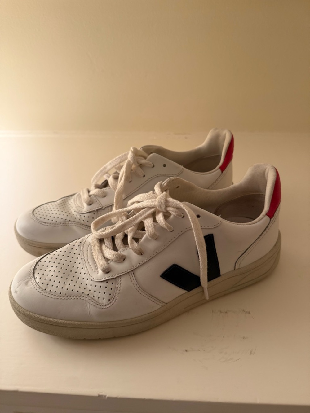 Veja White Leather Sneakers with Black V and Red Heel Accent